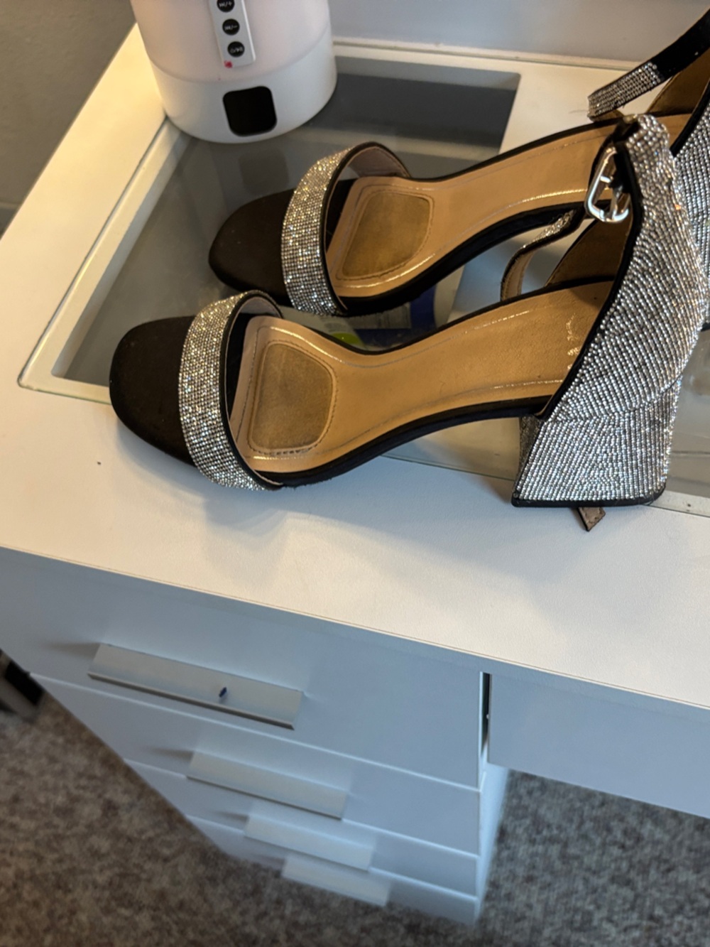 Women's Black and Silver Rhinestone Block Heel Sandals